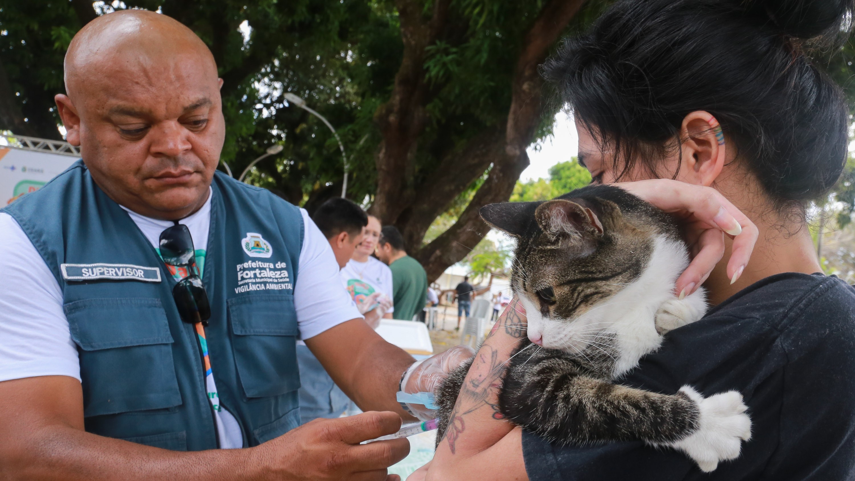 agente de saúde vacinando um gato que está no colo da tutora